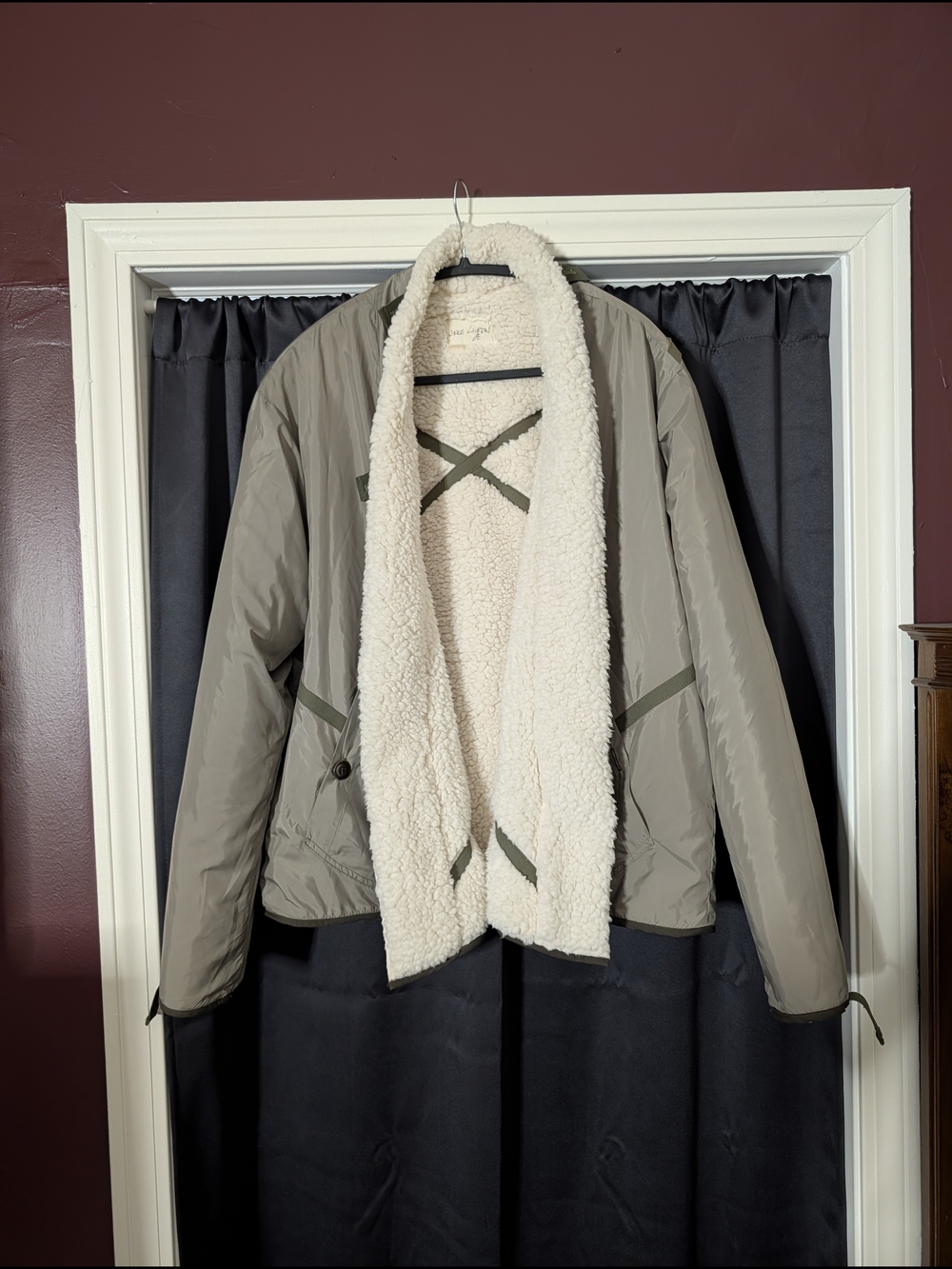 GREG LAUREN Reversible GL1 Army Nyl Olive Bomber Jacket with Cream Sherpa Fleece